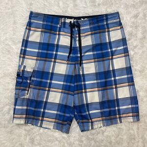 Hurley Swim Trunks Shorts Mens Size 36 Blue Plaid Surf Summer Pocket